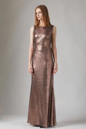 retro bateau neck brown sequin long bridesmaid dress
