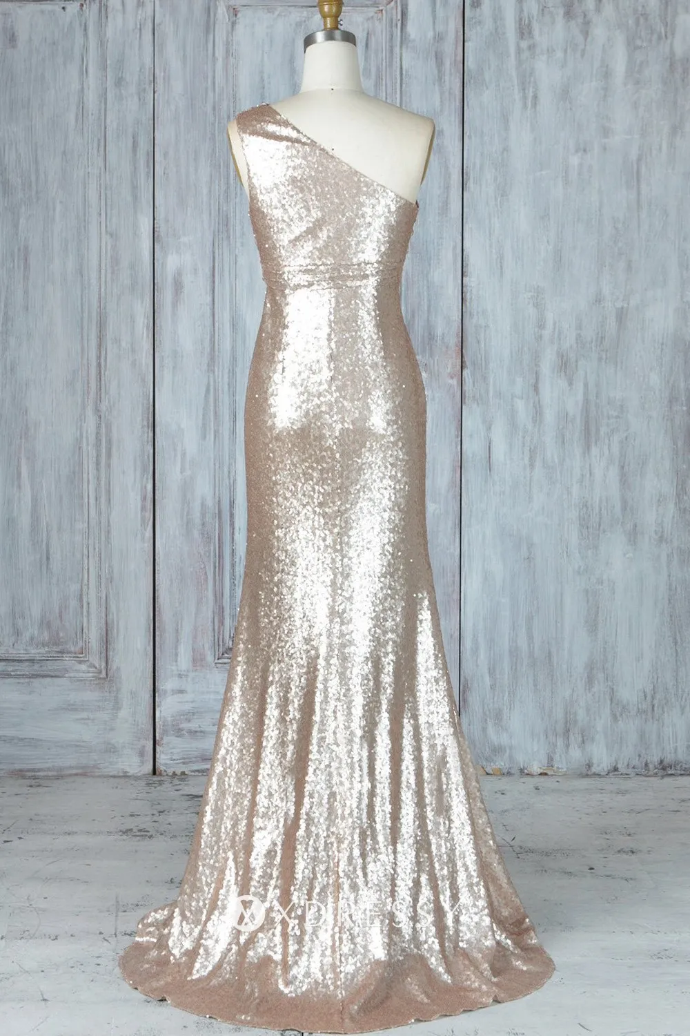 short train one shoulder champagne gold sequin dress