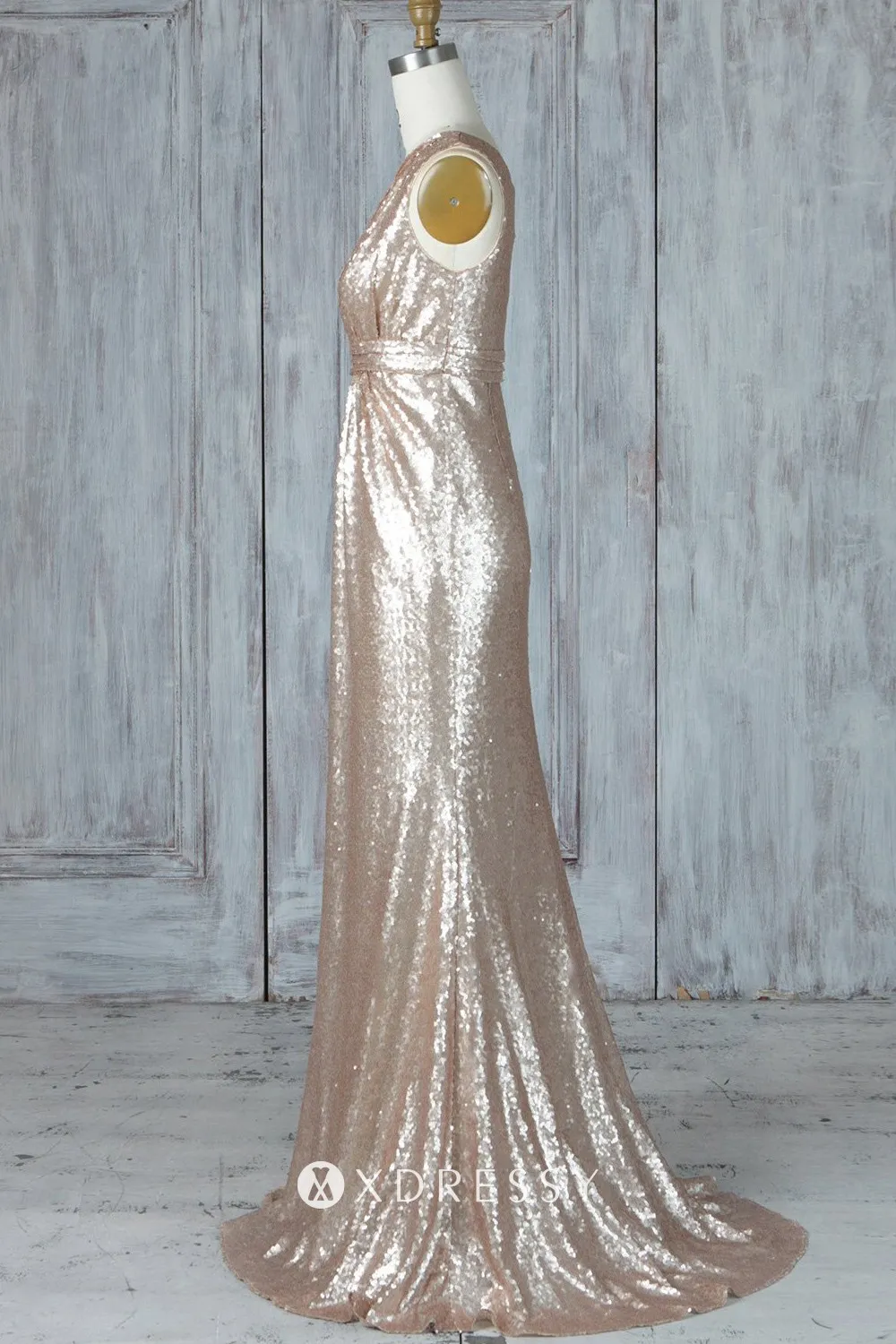 sleeveless champagne gold sequin long mermaid dress