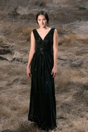 black sequin V neck timeless A line bridesmaid dress
