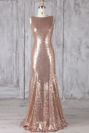 classic bateau neck rose gold sequin trumpet dress