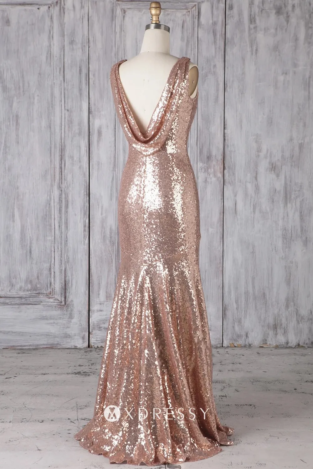 cowl V back rose gold sequin trumpet dress