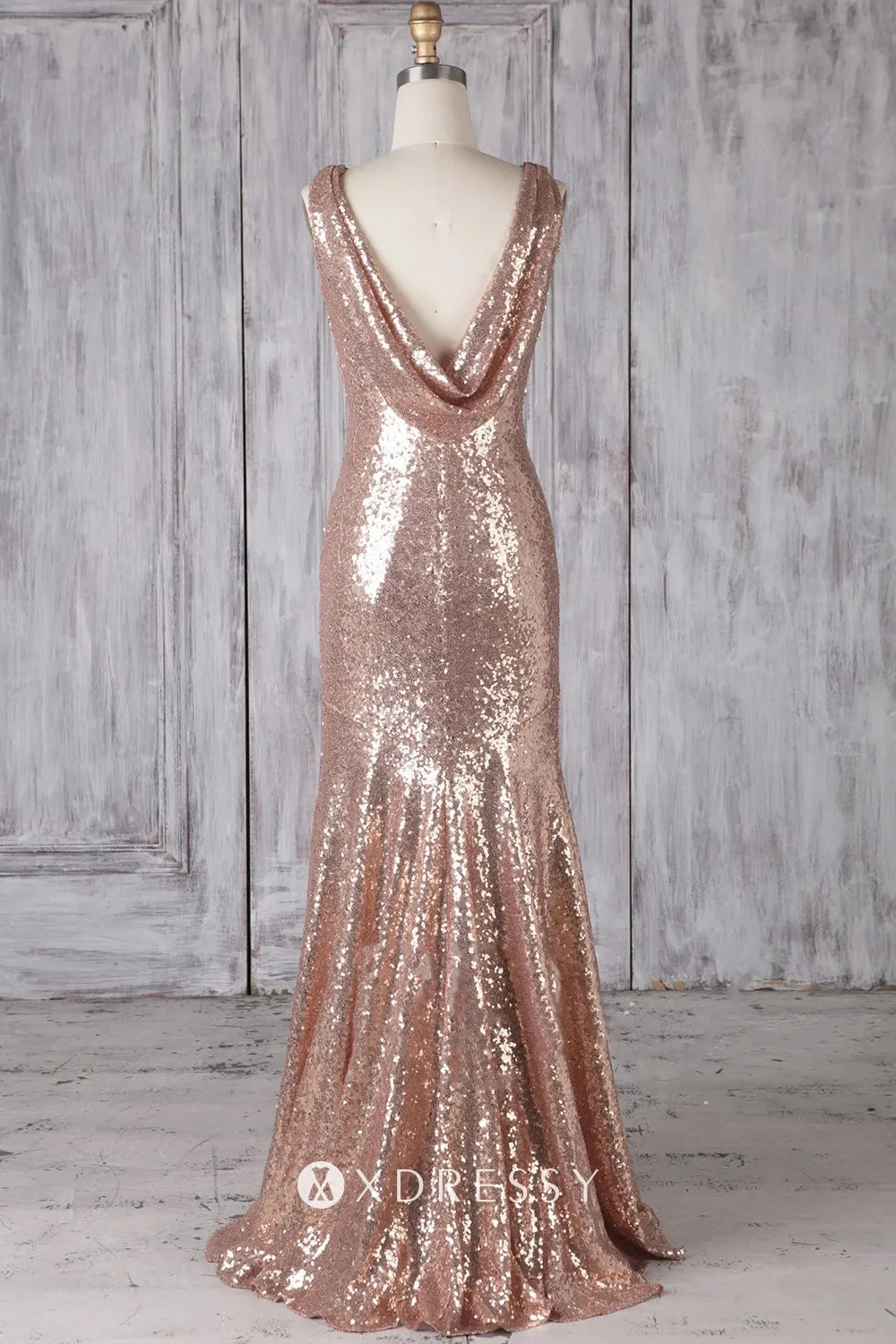 cowl V back sleeveless floor length sequin trumpet dress