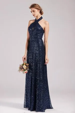 criss cross halter strap navy sequin bridesmaid dress