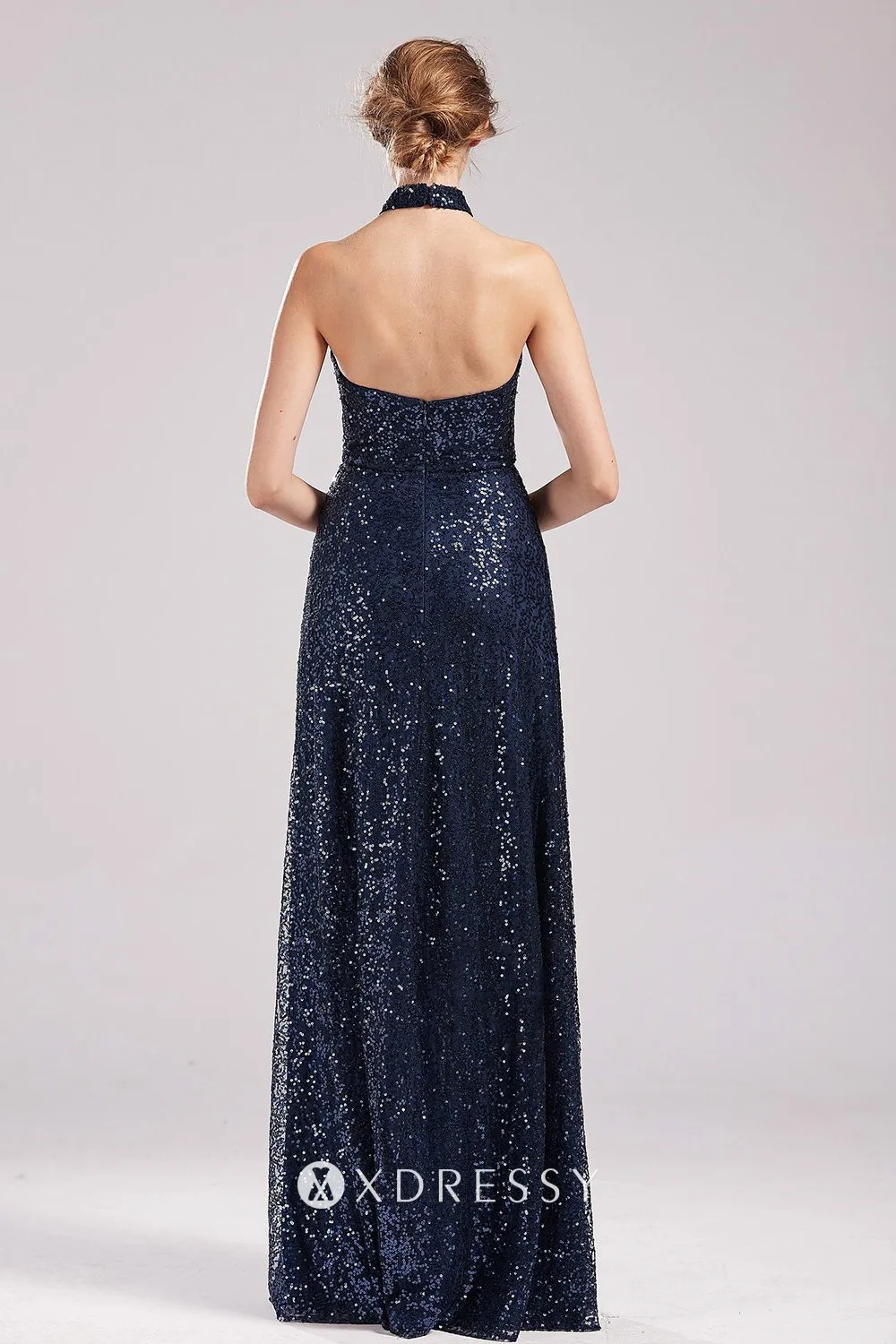 halter strap open back floor length bridesmaid dress