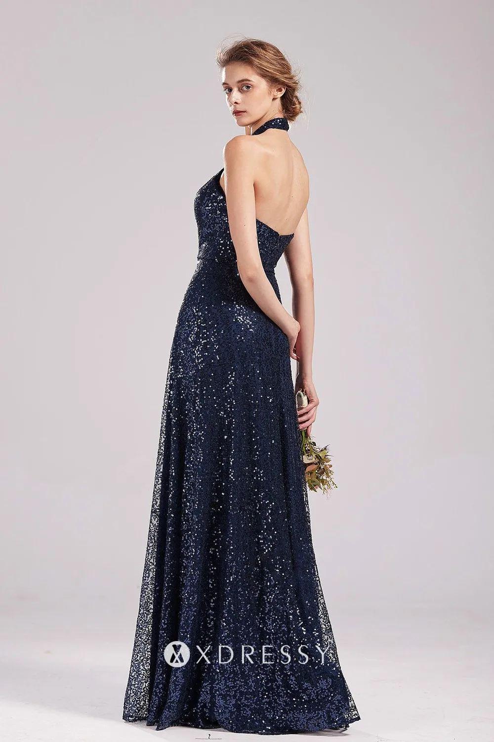 sleeveless halter strap navy sequin long bridesmaid dress