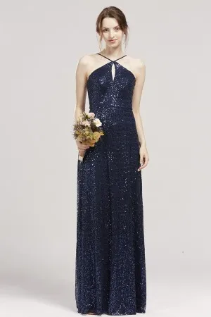 keyhole neck spaghetti halter straps navy sequin dress