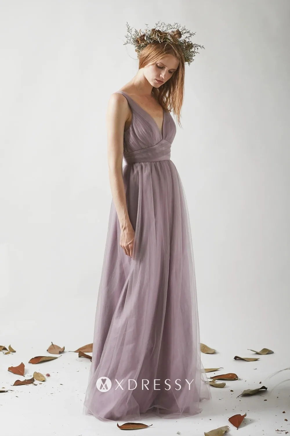 retro mauve tulle lace plunge straps V back A line long bridesmaid dress