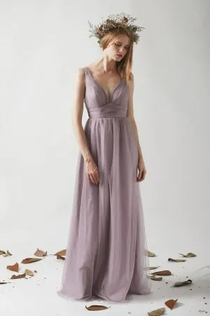 retro mauve tulle lace plunging straps V back A line long bridesmaid dress