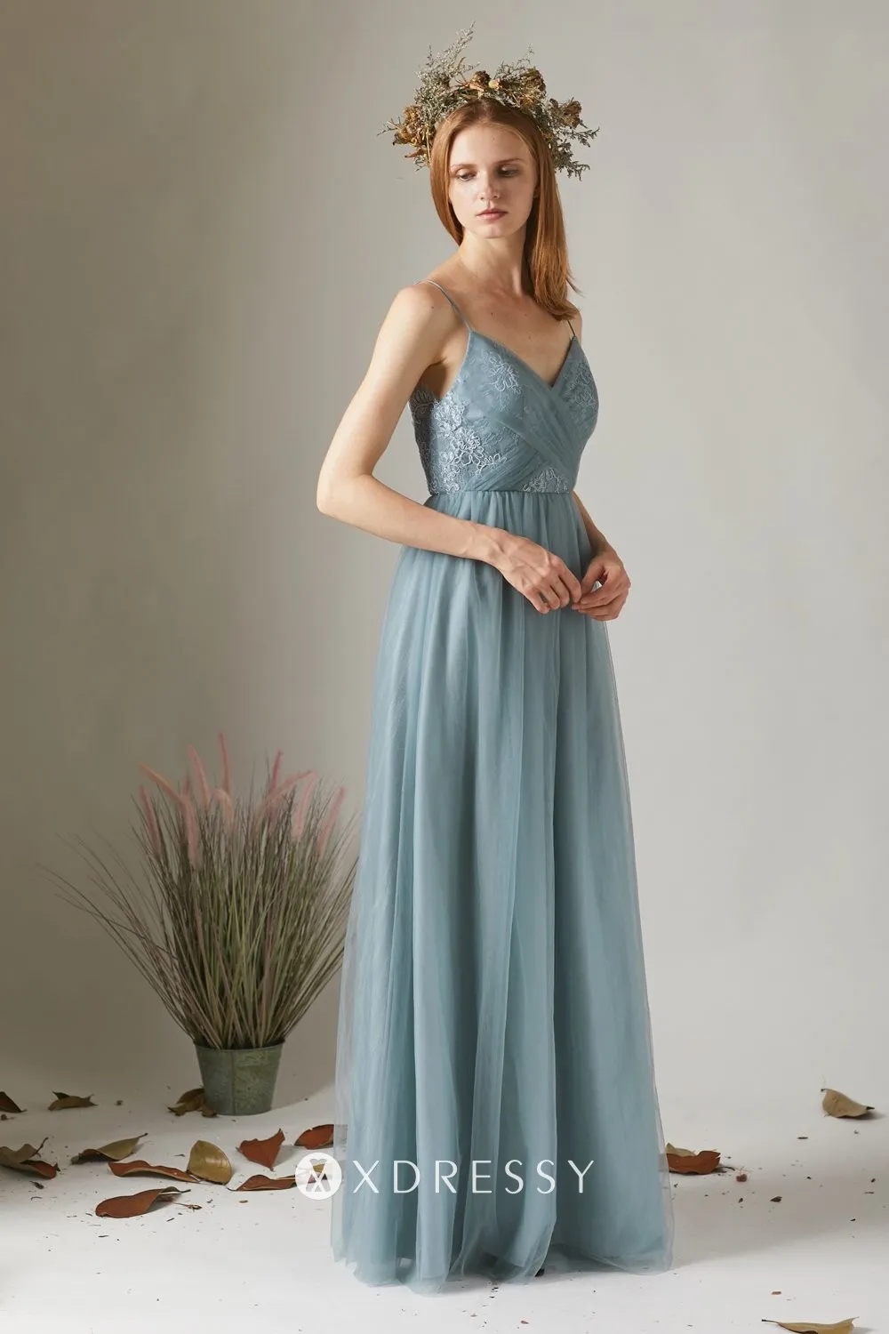 Elegant Dusty Blue Tulle Strapes V-neck Mermaid Long Bridesmaid Dress, –  SposaBridal