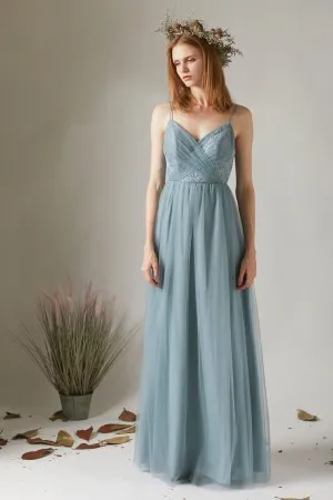 dusty blue tulle lace thin straps bridesmaid dress