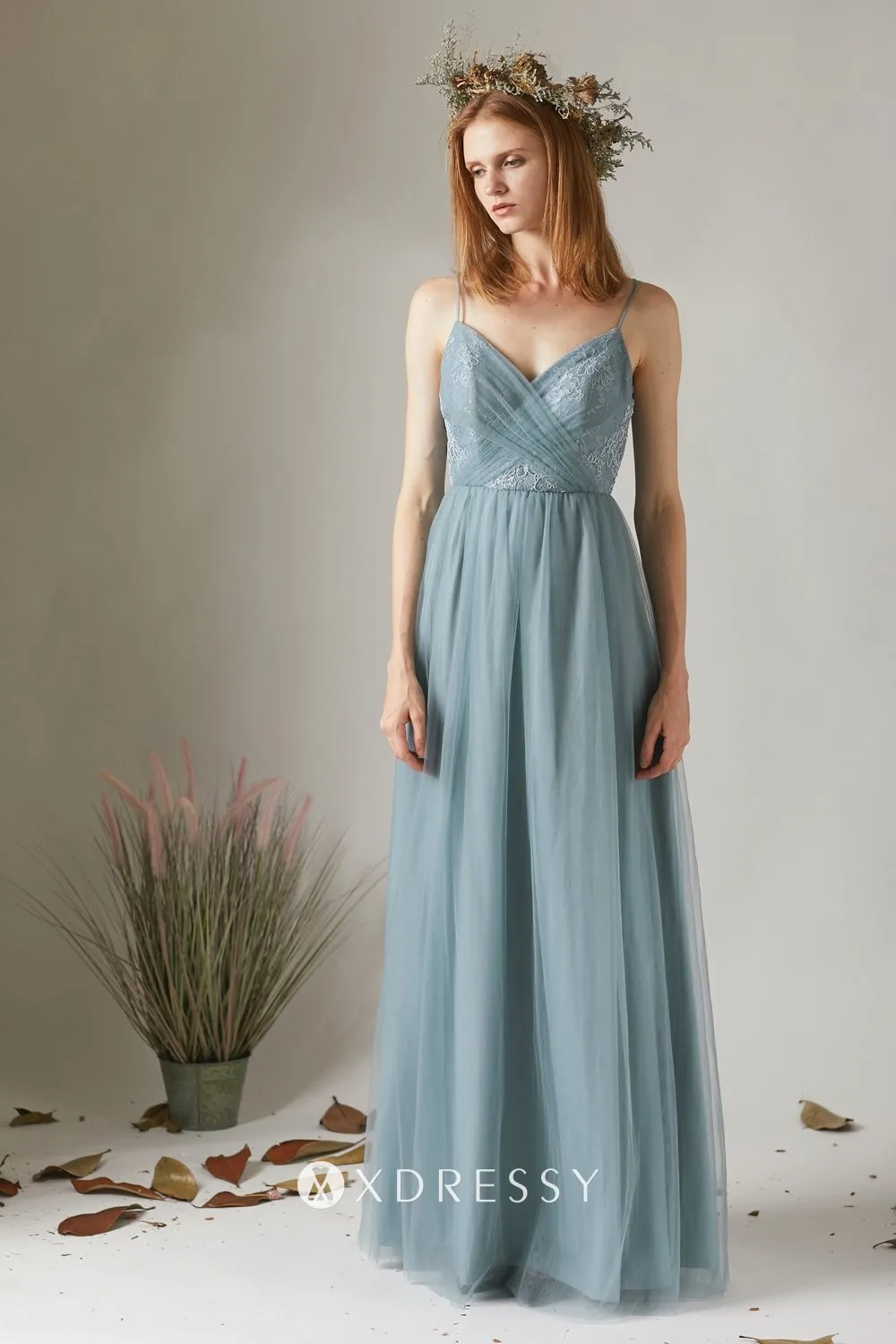 dusty blue tulle lace thin straps bridesmaid dress