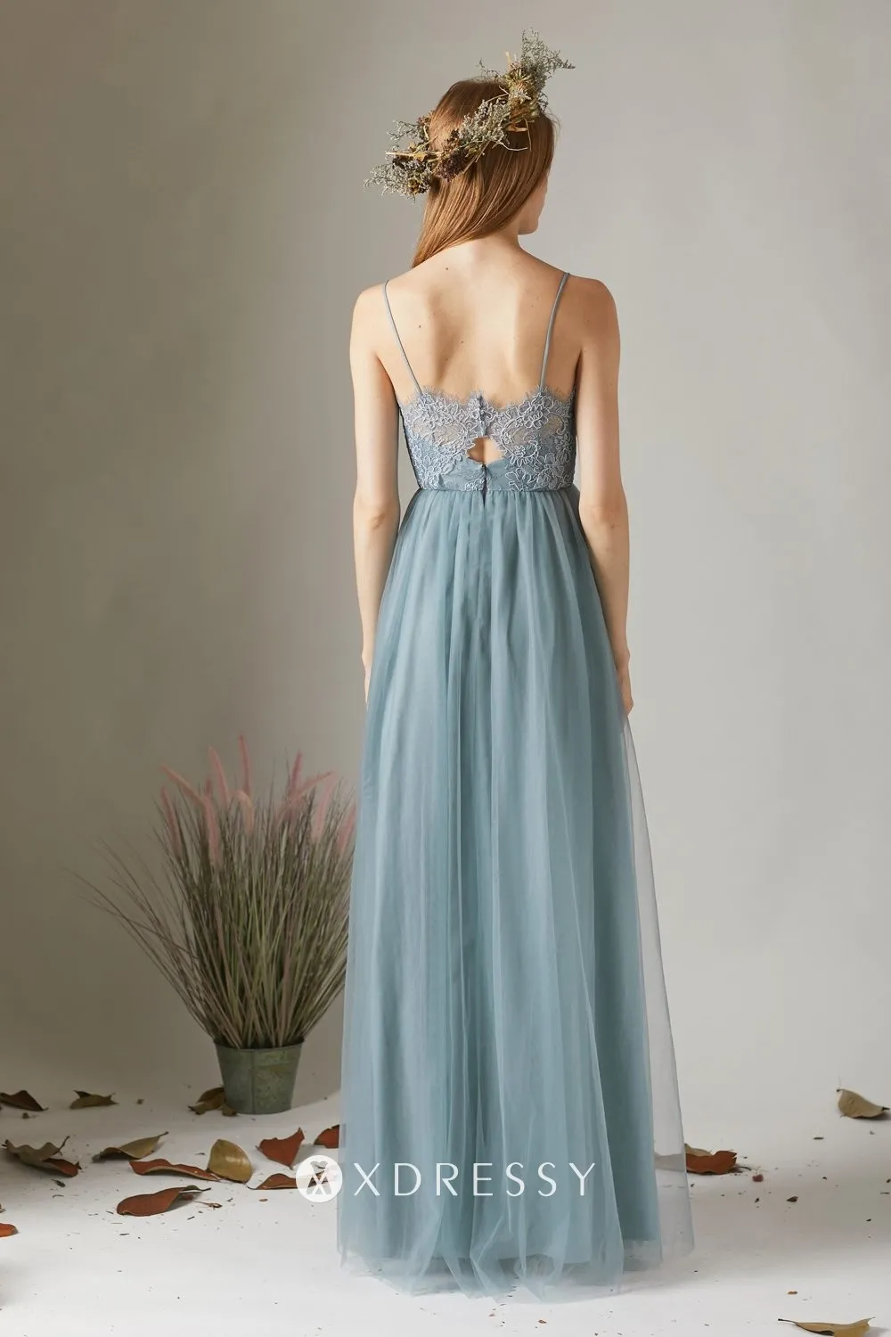 thin strap low back A line long bridesmaid dress