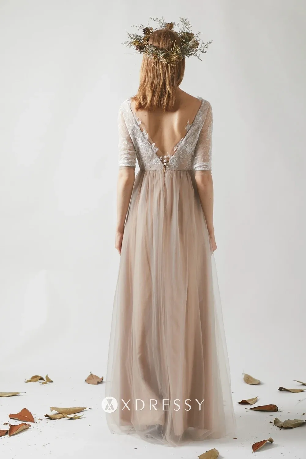 half sleeve V back white lace and nude tulle bridesmaid dress