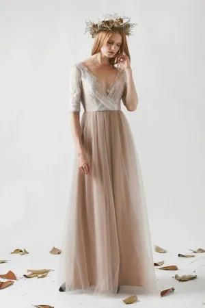 white lace and nude tulle bridesmaid gown