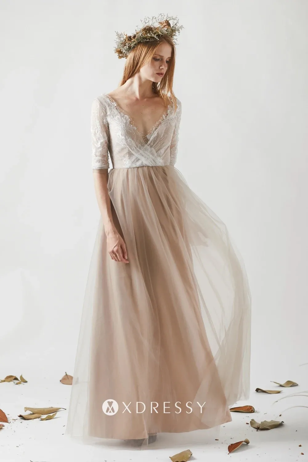 white lace hafl sleeve nude tulle bridesmaid dress