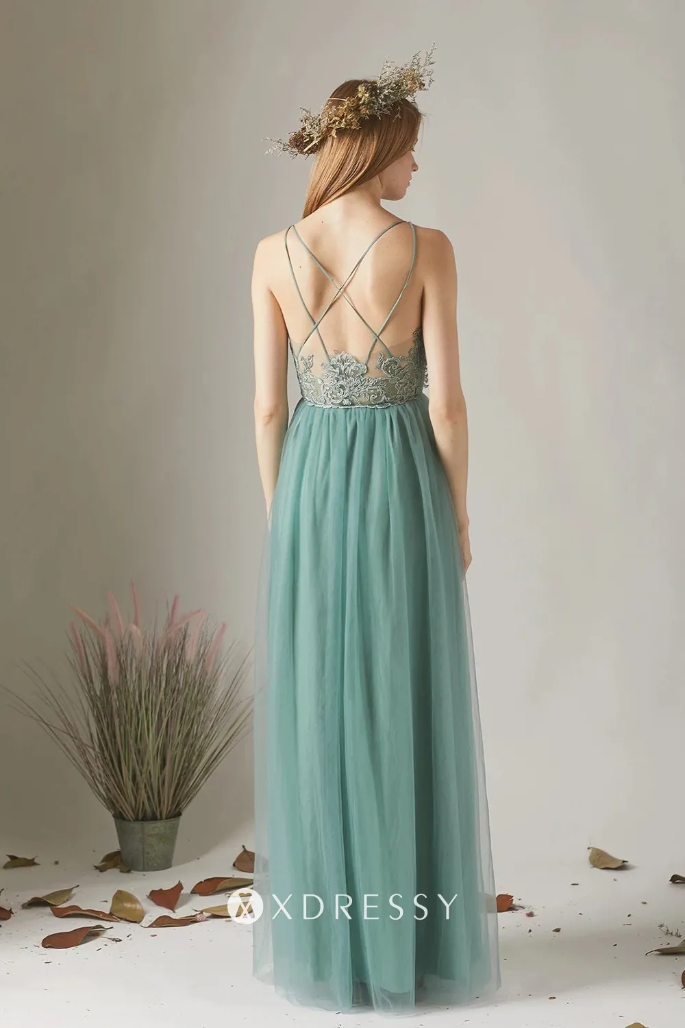 dusty green spaghetti straps lace V back dress