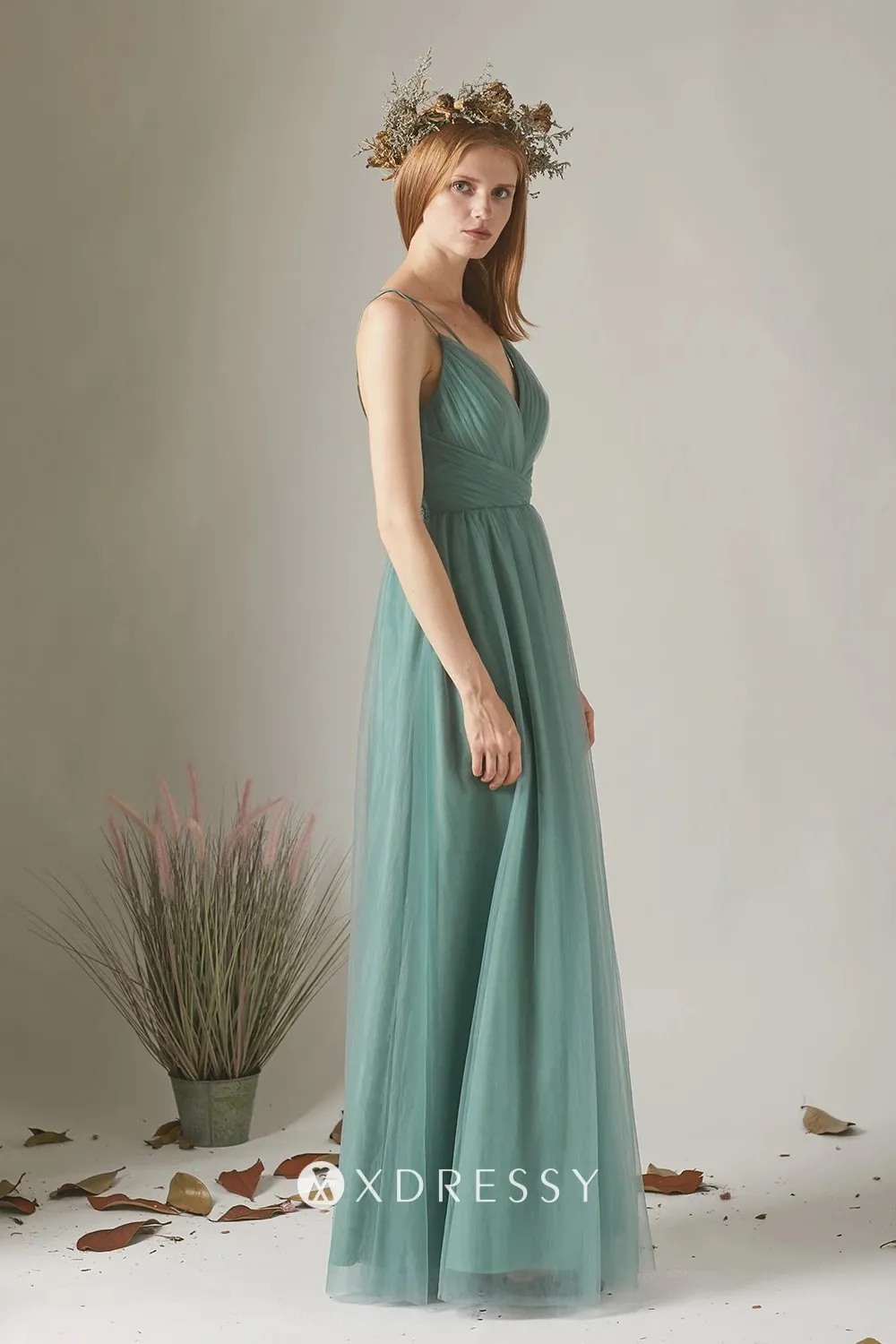dusty green tulle ruched long bridesmaid dress