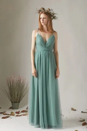 dusty green tulle spaghetti straps ruched bridesmaid dress