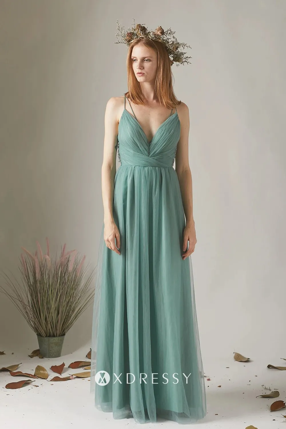 dusty green tulle spaghetti straps ruched bridesmaid dress
