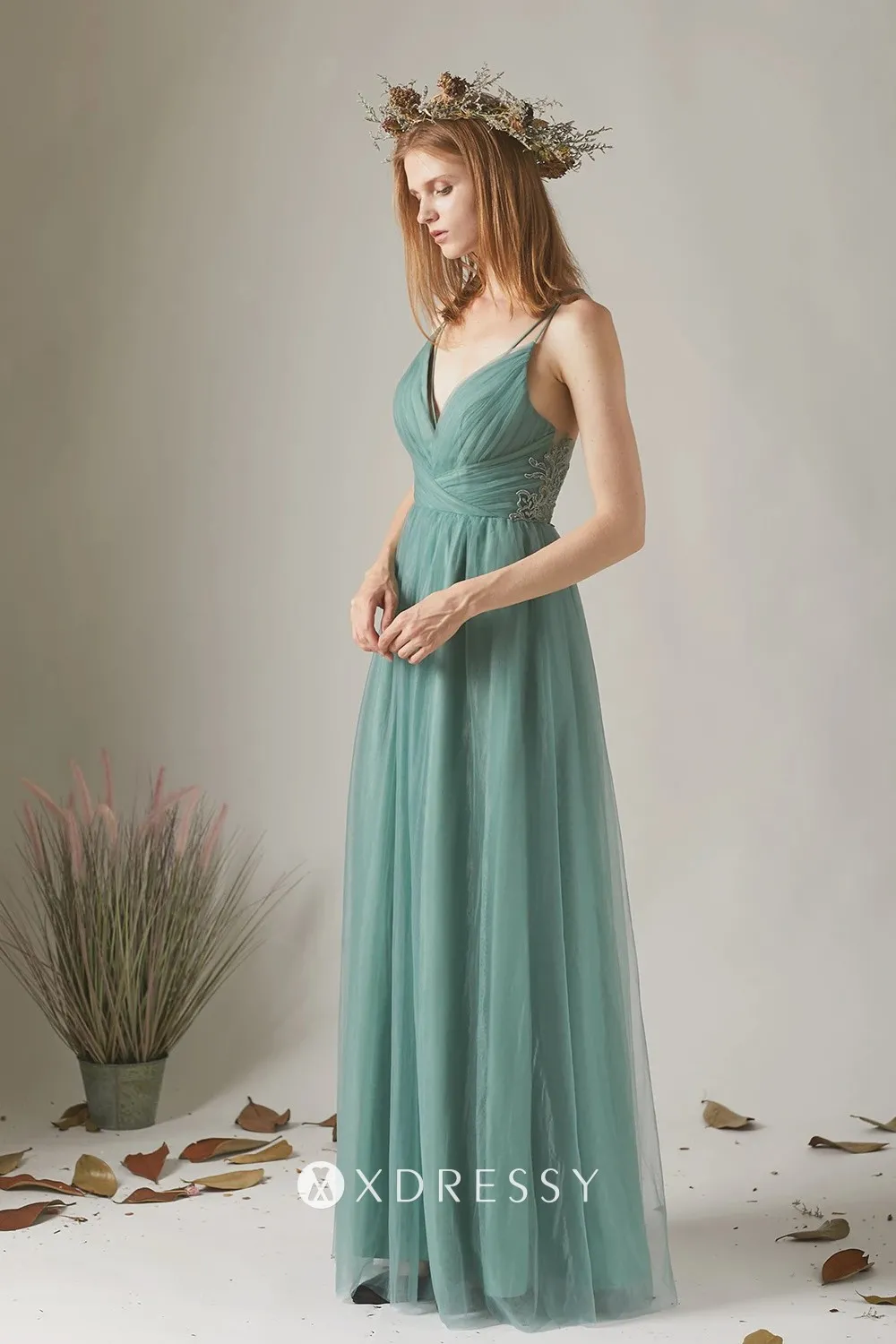 dusty green tulle spaghetti straps ruched dress