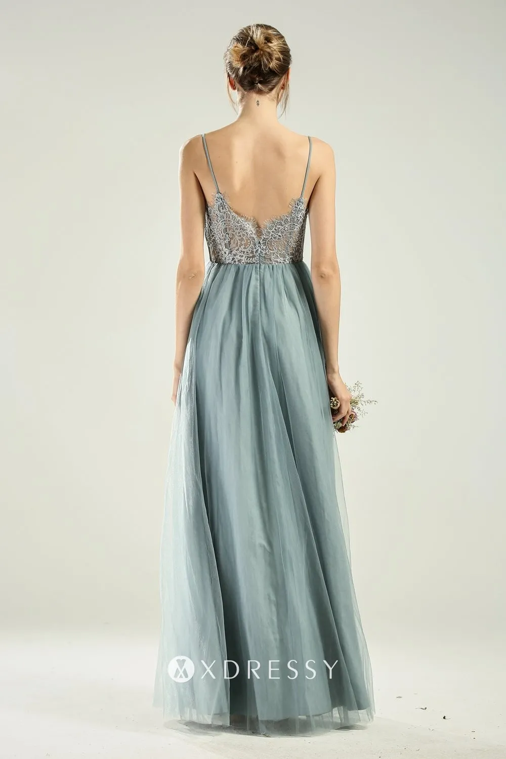 Dusty Blue Lace Tulle Spaghetti Strap V back bridesmaid gown Dusty Blue Lace Tulle Spaghetti Strap V back bridesmaid gown
