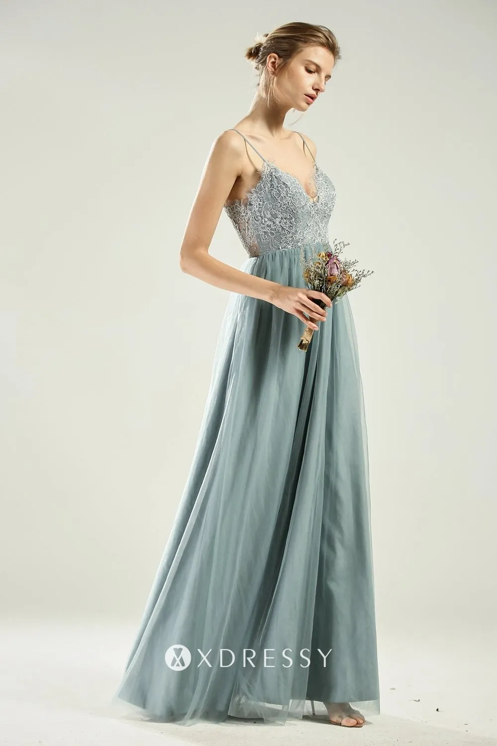 Dusty Blue Lace Tulle Spaghetti Strap V neck bridesmaid gown Dusty Blue Lace Tulle Spaghetti Strap V neck bridesmaid gown