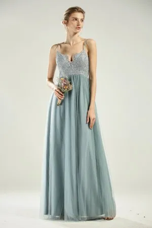 Dusty Blue Lace Tulle Spaghetti Strap V neck gown
