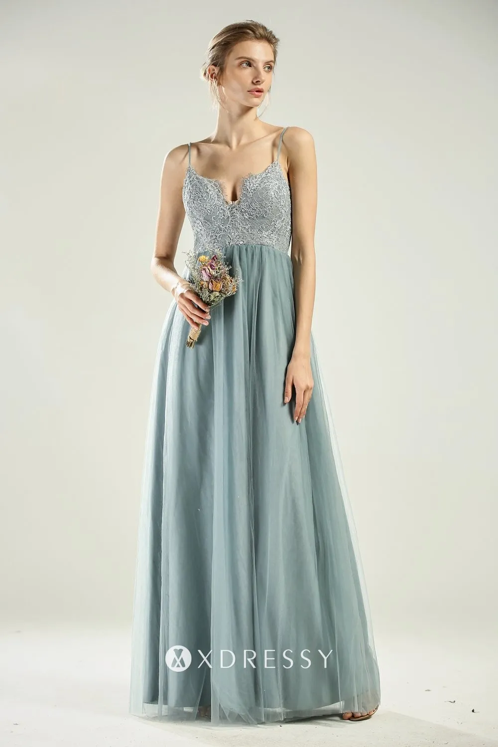 Dusty Blue Lace Tulle Spaghetti Strap V neck gown Dusty Blue Lace Tulle Spaghetti Strap V neck gown