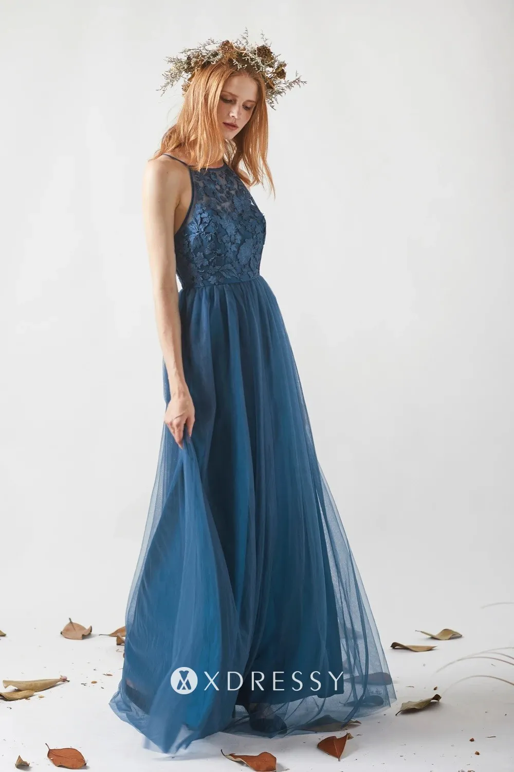 ink blue floral lace and tulle long dress