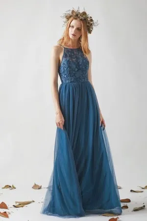 ink blue floral lace and tulle spaghetti straps long dress