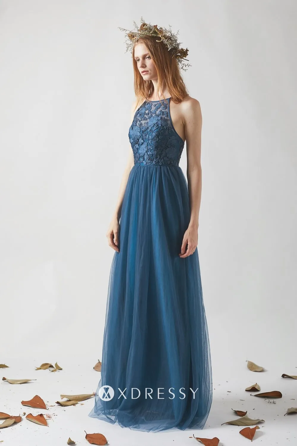 ink blue lace and tulle A line dress