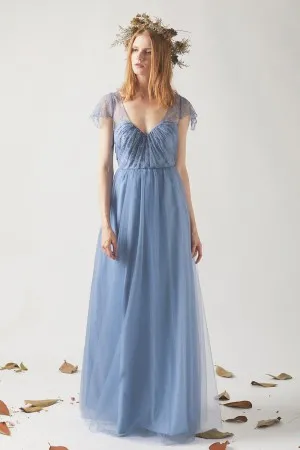 carolina blue lace and tulle cap sleeve bridesmaid gown