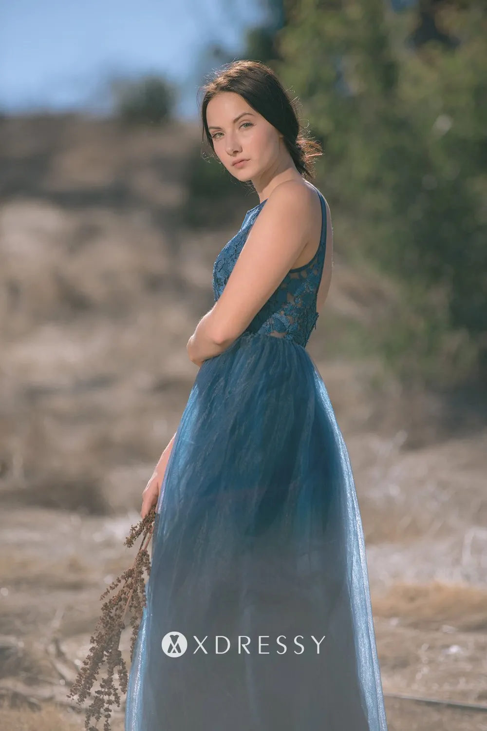 ink blue illusion neck lace tulle A line bridesmaid dress ink blue illusion neck lace tulle A line bridesmaid dress