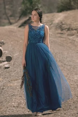 ink blue illusion neck rustic lace tulle bridesmaid dress