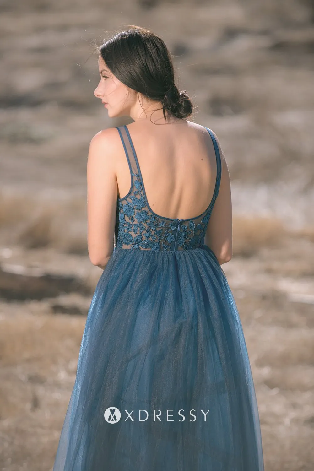 ink blue lace tulle U back vintage bridesmaid dress ink blue lace tulle U back vintage bridesmaid dress