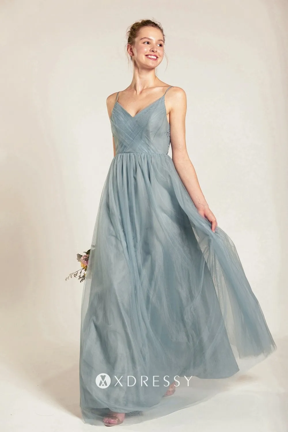 Dusty pale blue tulle overlay V neck bridesmaid dress