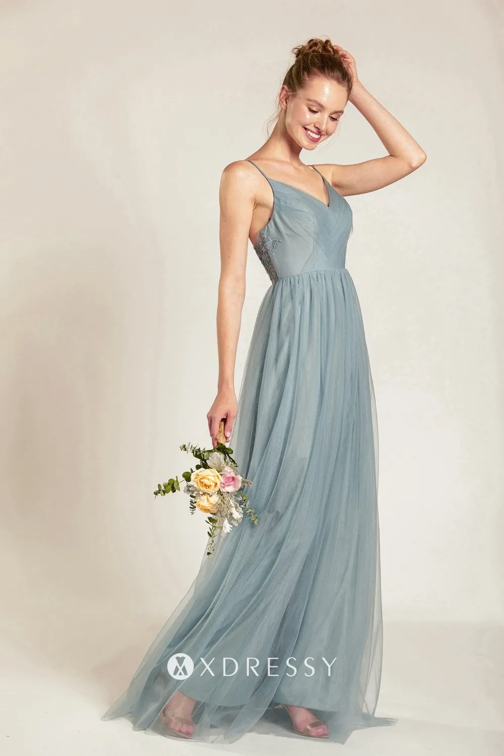 Dusty pale blue tulle overlay V neck thin straps bridesmaid dress