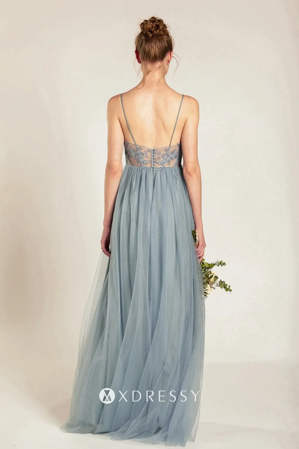 Dusty pale blue tulle overlay lace low back bridesmaid dress