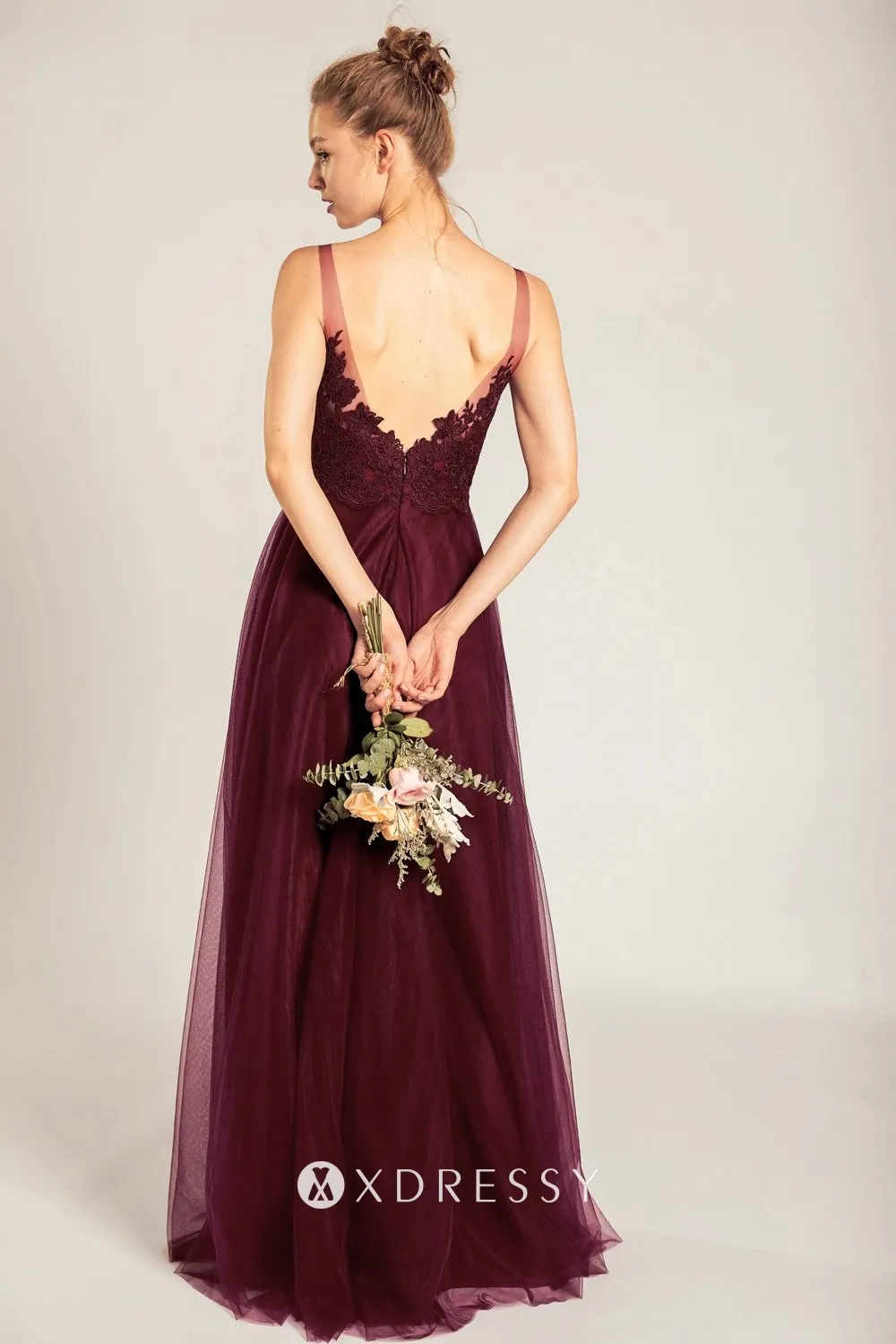 wine tulle overlay A line V back bridesmaid dress
