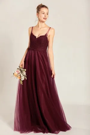 wine tulle overlay A line long bridesmaid dress