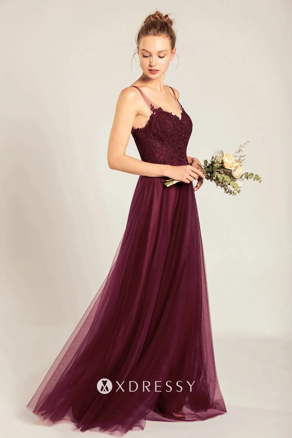 wine tulle overlay A line sleeveless bridesmaid dress