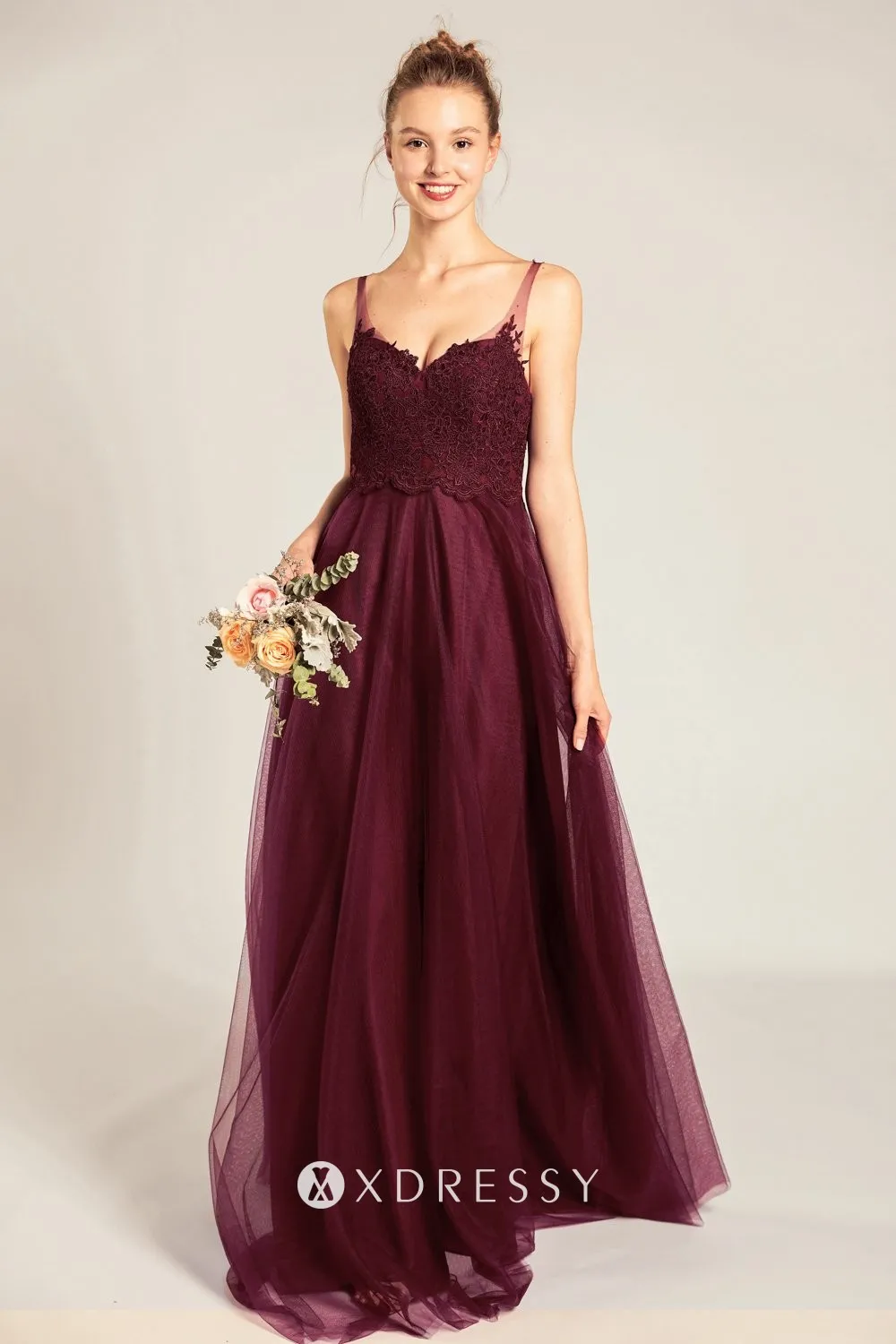 wine tulle overlay sweetheart neck long bridesmaid dress