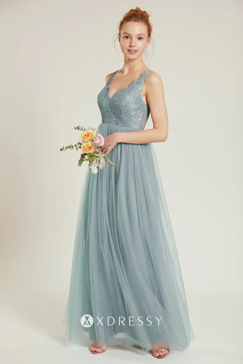 Scalloped lace V neckline dusty blue tulle A line maid dress Scalloped lace V neckline dusty blue tulle A line maid dress
