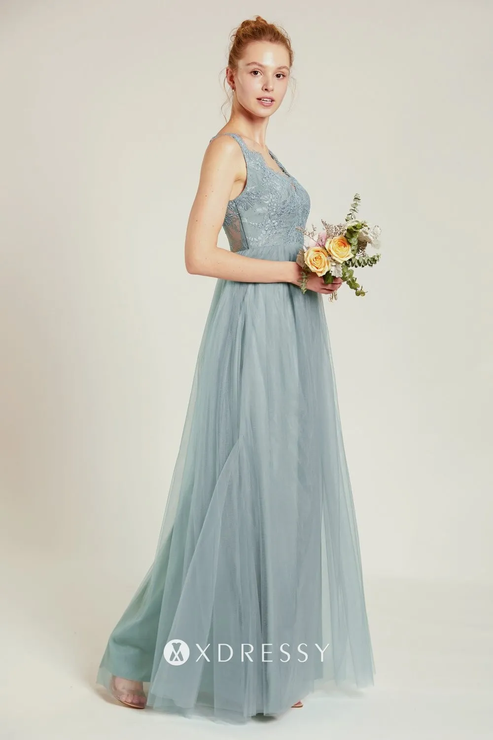 Scalloped lace V neckline dusty blue tulle long maid dress Scalloped lace V neckline dusty blue tulle long maid dress