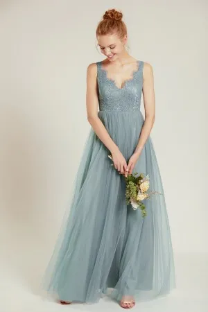 Scalloped lace V neckline dusty blue tulle maid dress
