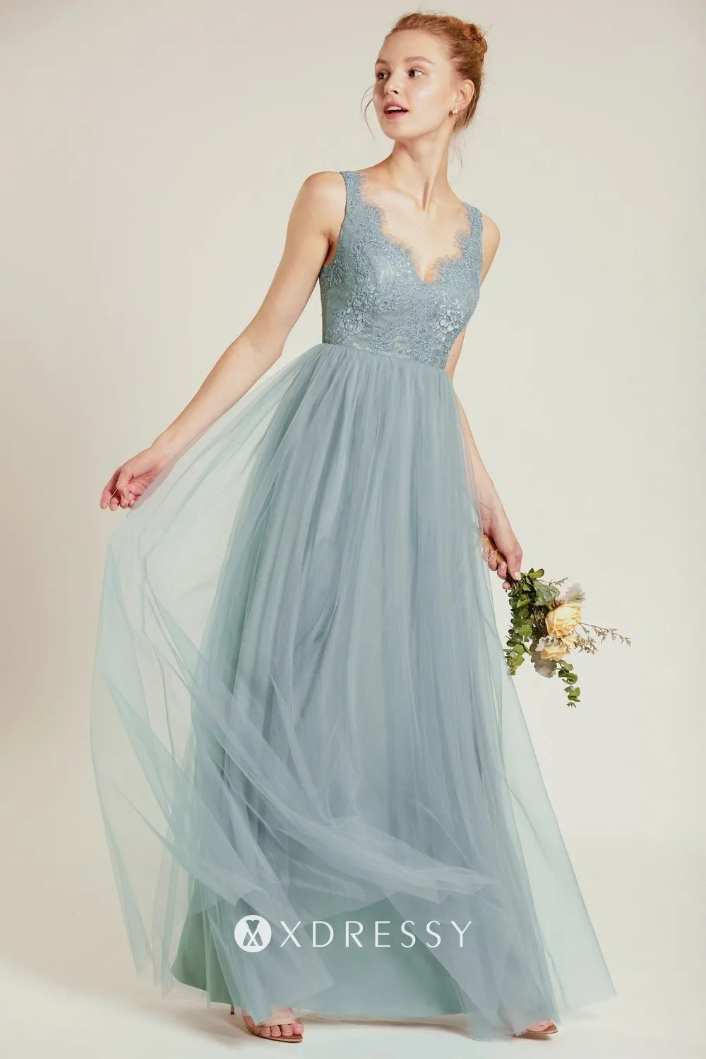 Scalloped lace V neckline dusty blue tulle maid gown Scalloped lace V neckline dusty blue tulle maid gown