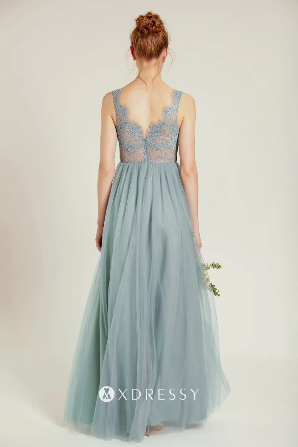 exquisite Scalloped lace V neckline dusty blue tulle maid dress exquisite Scalloped lace V neckline dusty blue tulle maid dress
