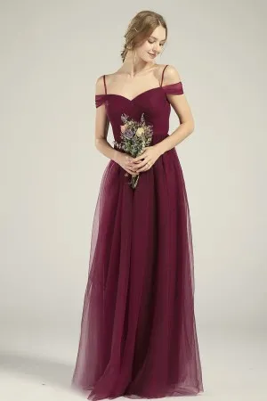 Alluring merlot tulle cold shoulder bridesmaid dress