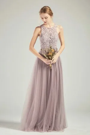 tan lace and tulle jewel neckline bridesmaid dress